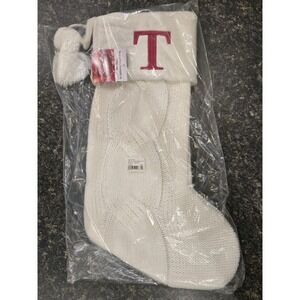 St. Nicholas Square Ivory Cable Knit Christmas Stocking Red "T" *NEW*
